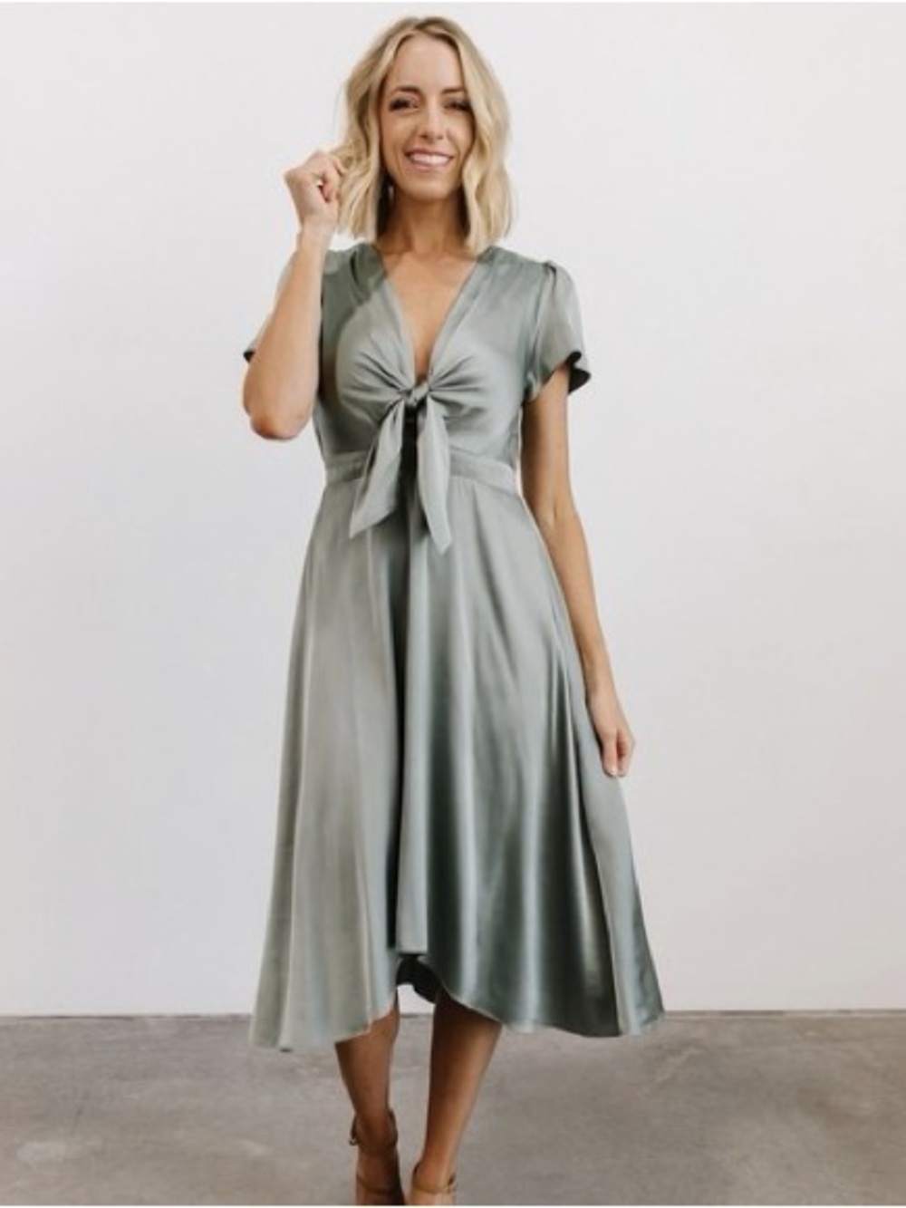 Baltic Born Sage Green Tie-Front Midi Dress